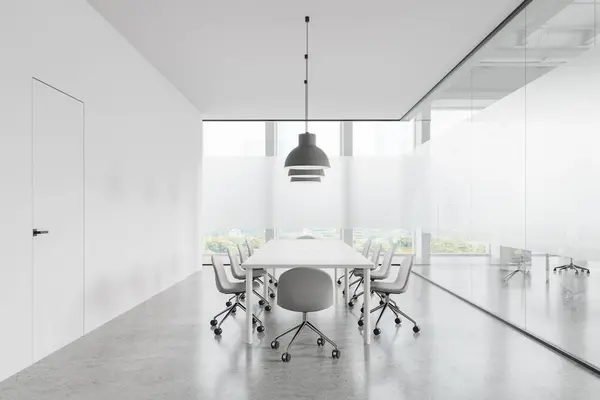White elegant frosted glass conference interior with grey chairs and board, invisible door. Office negotiation space with panoramic window on skyscrapers. 3D rendering