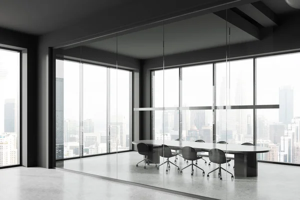 Dark office interior with meeting table and chairs, side view. Business hall and glass conference corner, panoramic window on Kuala Lumpur skyscrapers. 3D rendering