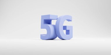 Beyaz arkaplanda mor 5G işareti var. Telekomünikasyon ve teknoloji kavramı, internet bağlantısı ve ağ. 3d oluşturma