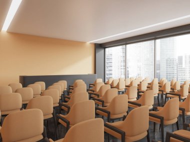 Şık bir sınıf manzarası, koltukları yumuşak, gökdelenler panoramik pencereli. Minimalist tasarımlı bir eğitim ya da konferans köşesi. 3B görüntüleme