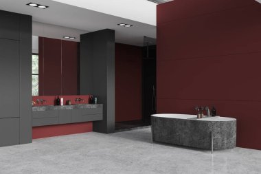 Kırmızı ve gri duvarlı şık banyonun köşesi, beton zemin, rahat gri küvet, büyük aynalı çift lavabo ve duşta rahat yürüyüş. 3d oluşturma