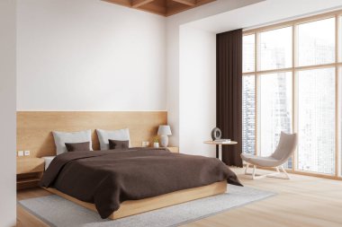 Şık bir ev odası, yatak odası, şezlong, ahşap döşeme ve yan manzara halısı. Model uzay duvarı ve gökdelenlerin panoramik penceresiyle şık bir gevşeme köşesi. 3B görüntüleme