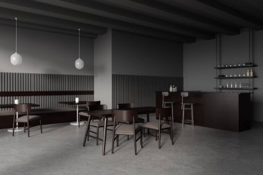 İçi ahşap masa ve sıra sıra sandalyelerle dolu koyu gri restoran masası kanepeli yan manzara yemek odası ve tabureli tezgah ve bulaşık raflı bar tezgahı. 3B görüntüleme