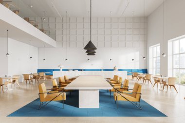 Çalışma alanı ve koltukları olan iki katlı bir restoran, New York gökdelenlerinde panoramik pencereli yemek masası. Minimalist kafe konferans alanı. 3B görüntüleme