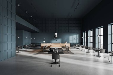 Toplantı masası ve koltukları olan iki katlı karanlık bir kafe. Kuala Lumpur 'da sandalyeli ve panoramik pencereli yemek odası. Restoranda toplantı ya da konferans alanı. 3B görüntüleme