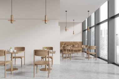 Beyaz duvarları, beton zemini, rahat bej koltuğu ve panoramik pencerenin yanında duran sandalyeli kare masaları olan modern kafeteryanın içi. 3d oluşturma