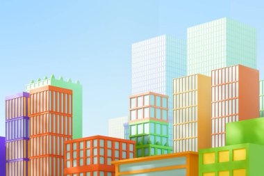 Renkli binaların yan görüntüsü, şehir merkezinin soyut panoramik görüntüsü ya da gökdelenleri ve mavi gökyüzü olan iş merkezi. Megalopolis ve büyük şehir hayatı kavramı. 3B resimleme