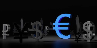 Diğer ülkelerle birlikte büyük mavi avro para birimi. Siyah para sembolleri. Uluslararası iş, finans, ekonomi ve Avrupa Birliği kavramı. 3B resimleme