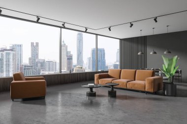 Oturma odasının içinde yemek masası ve sandalyeler, kahve masalı yan görüş kahverengi kanepe. Bangkok gökdelenlerinde panoramik pencereli şık rahat bir köşe. 3B görüntüleme