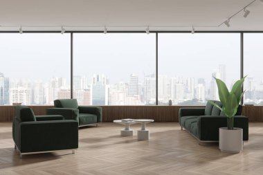 Ahşap zemini, panoramik penceresi, rahat yeşil koltuğu ve beyaz kahve masalarının yanında duran iki koltuğu olan modern oturma odasının içi. 3d oluşturma