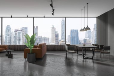 Yemek masası ve sandalyeli, kahve masalı kahverengi kanepeli şık bir ev oturma odası. Bangkok gökdelenlerinde panoramik penceresi olan şık bir stüdyo dairesi. 3B görüntüleme