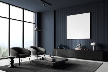 Mavi duvarları, beton zemini, sehpanın yanında duran iki rahat gri koltuğu olan şık oturma odasının köşesi ve şifoniyerin üstünde asılı duran kare şeklindeki poster. 3d oluşturma