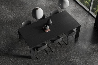 Siyah ahşap masa ve gri granit zeminde altı sandalye olan koyu renkli, zarif bir oturma odası manzarası. Tropik bölgelerde panoramik pencereli şık bir toplantı ya da yemek köşesi. 3B görüntüleme