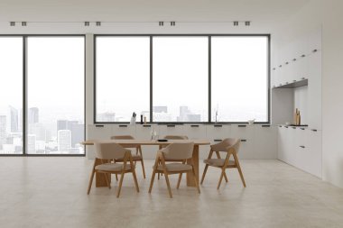 Beyaz duvarları, beton zemini, tencere ve lavaboda yapılmış rahat beyaz dolapları ve beyaz sandalyeli uzun yemek masası olan modern mutfağın içi. 3d oluşturma