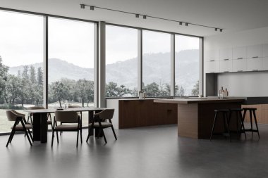 Modern ev mutfağı, bar adası, yan manzaralı yemek odası ve gri beton zeminli rafları olan yemek köşesi. Kırsal kesimde panoramik pencere. 3B görüntüleme