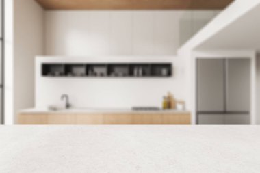 Mutfağın iç kısmının bulanık zemininde boş taş tezgah, raflı lavabo ve mutfak malzemeleri. Ürün gösterimi için kopyalama alanı oluşturun. 3B görüntüleme