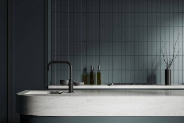 Lavaboda inşa edilmiş, gri kiremitleri olan şık bir mutfakta duran rahat, beyaz ve gri bir ada. 3d oluşturma