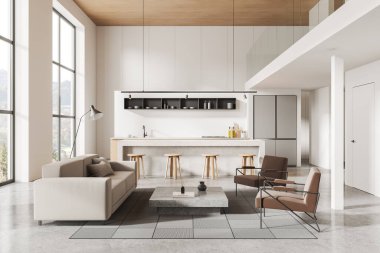 Beyaz duvarları, beton zemini, rahat beyaz koltuğu ve sehpanın yanında duran koltuğu ve arka planda ada ve buzdolabı olan rahat mutfağı olan modern oturma odasının içi. 3d oluşturma