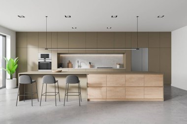 Beyaz ve bej duvarlı modern mutfak, beton zemin, rahat bej dolaplar, fırında ve buzdolabında yapılmış dolaplar ve tabureli rahat bir ada. 3d oluşturma