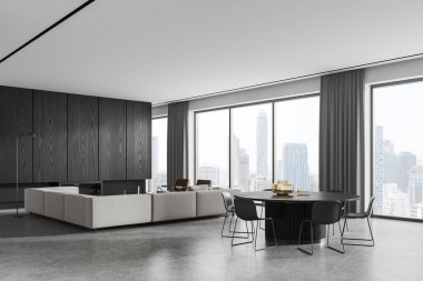 Şık bir oturma odası, yumuşak bir yer, yan görüş kanepesi ve şömineli koltukları var. Bangkok gökdelenlerinde sandalyeli ve panoramik pencereli yemek masası. 3B görüntüleme