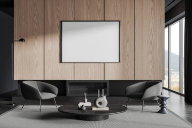 İki koltuğu, şöminesi ve dekorasyonlu kahve masası olan modern ev içi oturma odası, kırsal alanda panoramik pencere. Boş bir poster hazırla. 3B görüntüleme