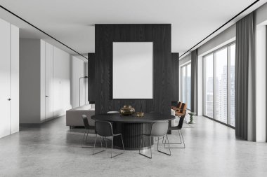 Beyaz ve ahşap duvarları olan modern yemek odasının içinde beton zemin, sandalyeli yuvarlak yemek masası ve üzerinde dikey model poster çerçevesi asılı. 3d oluşturma