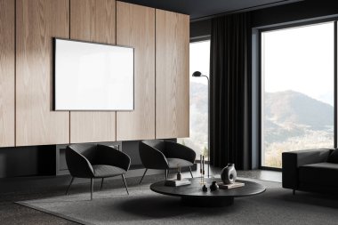 Beyaz ve ahşap duvarları, beton zemini, rahat gri koltuğu ve yuvarlak sehpanın yanında duran iki koltuğu ve yatay maket posteriyle şık oturma odasının köşesi. 3d oluşturma