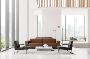 Modern ofis bekleme odasının içinde beyaz ve ahşap duvarlar, beton zemin, rahat kanepe ve panoramik pencerelerin yanında duran kahve masaları. 3d oluşturma