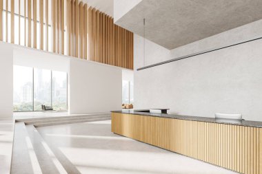 Beyaz ve ahşap lobi resepsiyon masası, bilgisayar, yan görüş. Arka planda koltuk ve koltuklar olan bir köşede bekliyor. Bangkok gökdelenlerinin panoramik penceresi. 3B görüntüleme