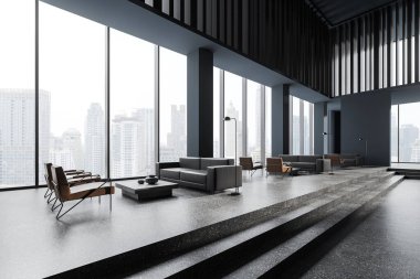 Gri ve ahşap duvarları, beton zemini, rahat koltukları ve panoramik pencerelerin yanında duran sehpaları olan şık ofis bekleme odasının köşesinde. 3d oluşturma