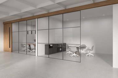 Beyaz duvarları, beton zemini ve uzun, yuvarlak toplantı masaları ve beyaz sandalyeleri olan iki toplantı odası. 3d oluşturma