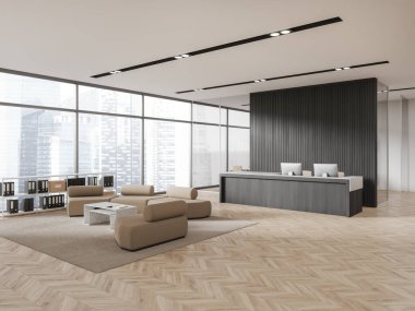 Beyaz ve koyu ahşap duvarları olan şık ofis salonunun köşesi, ahşap zemin, bilgisayarlı rahat gri resepsiyon tezgahı ve ziyaretçiler için bej koltuklar. 3d oluşturma