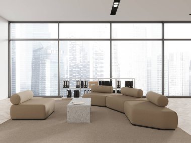 Beyaz duvarları, ahşap zemini ve kahve masasının yanında duran rahat bej koltukları olan şık ofis bekleme odasının içinde. 3d oluşturma