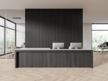 Resepsiyon masası ve bilgisayarları olan modern ofis içi, cam konferans odası ve bilgisayar masaüstü ile birlikte çalışma alanı. Tropik bölgelerde panoramik pencere. Boş duvar. 3B görüntüleme