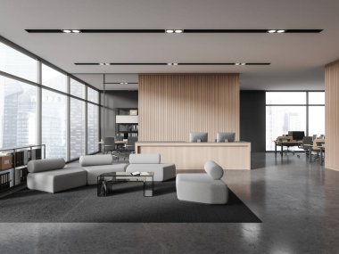 Bekleme yeri, resepsiyon masası ve bilgisayarları olan şık bir ofis. Cam konferans odası ve bilgisayar masaüstüyle ortak çalışma alanı. Singapur gökdelenlerinin panoramik penceresi. 3B görüntüleme