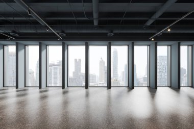 Gri granit zemini, mobilyası olmayan büyük bir çatı katı olan boş bir iş odası. Bangkok gökdelenlerinin panoramik penceresi. 3B görüntüleme