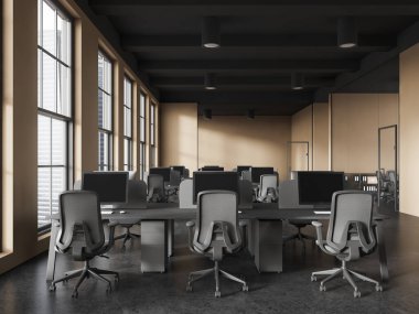 Birlikte çalışma ve cam konferans odası, masa üstünde bilgisayar ve sıra sıra koltukları olan bej renkli modern iş iç mekanı. Gökdelenlerin panoramik penceresi. 3B görüntüleme