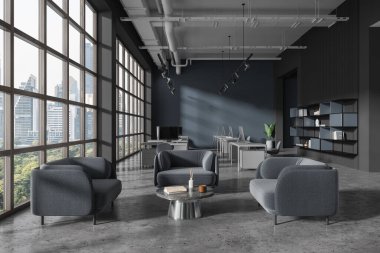 Gri ve mavi duvarları, beton zemini, kompakt bilgisayar masaları ve bekleme odasında duran rahat gri koltukları olan şık açık uzay ofisinin içi. 3d oluşturma