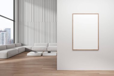 Modern oturma odasının içinde kanepe, yerde sehpa. Rahat bir yer ve Bangkok gökdelenlerinin panoramik penceresi. Bölümdeki tuval posterini taklit et. 3B görüntüleme