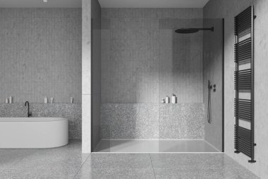 Küveti, cam banyosu, aksesuarı ve duvarında havlu korkuluğu olan modern banyo. Modern dairede lüks beton banyo tasarımı. 3B görüntüleme