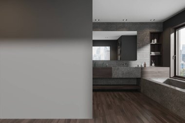 Karanlık ev banyosu lavabosu, ayna ve küveti parke zeminde, aksesuarlarla dolu raflar. Bangkok gökdelenlerinin panoramik penceresi. Uzay duvarını kopyala. 3B görüntüleme