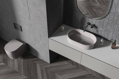 Modern ev banyosu manzarası. Duvara asılmış tuvalet, lavabo ve aksesuarlar. Minimalist tuvalet ve gösteriş, modern dairede banyo köşesi. 3B görüntüleme