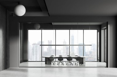 İçi cam kaplı, sandalye ve pansiyonla dolu, açık beton zemin. İş salonu, minimalist konferans odası ve Bangkok gökdelenlerinin panoramik penceresi. 3B görüntüleme