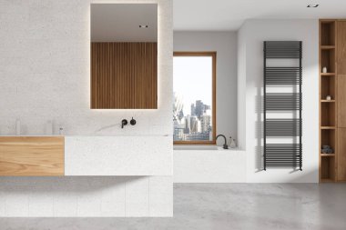 Beyaz otel banyosu lavabo, ayna ve aksesuarlı raf, beyaz ve ahşap desenli küvet. New York gökdelenlerinin panoramik penceresi. 3B görüntüleme