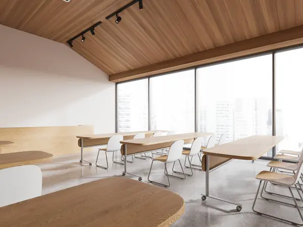 Wooden and beige class room interior with chairs and desk on wheels in row, side view panoramic window on skyscrapers. Modern audience for seminar or training event. 3D rendering