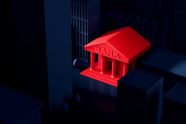 Modern Şehirdeki Red Bank Binasının Manzarası Bankacılık Finansal Işlemler Para — Stok fotoğraf