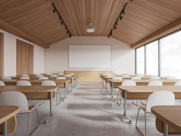 Beige and wooden auditorium interior with chairs and desk in row, mock up copy space projection screen on wall. Seminar or learning space with panoramic window on tropics. 3D rendering