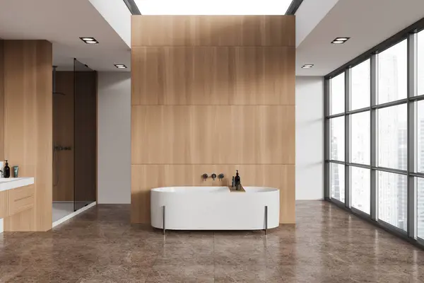 Interiér Moderní Koupelny Bílými Dřevěnými Stěnami Dlážděná Podlaha Pohodlná Bílá — Stock fotografie