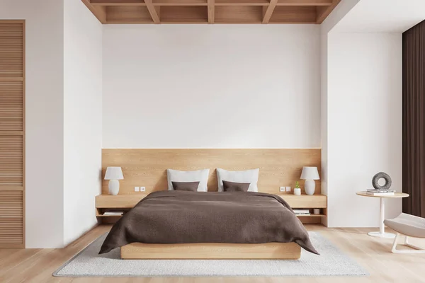 Luxury Hotel Bedroom Interior Bed Nightstand Grey Carpet Hardwood Floor — Stock Photo, Image