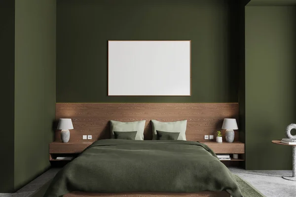 Interior of stylish bedroom with green walls, concrete floor, comfortable king size bed with green cover and horizontal mock up poster hanging above it. 3d rendering